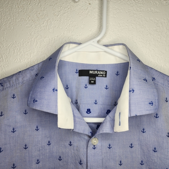 Murano Slim Fit Blue Anchors Button-Up Short Sleeve Casual Men's M Shirt Cotton - Picture 2 of 7